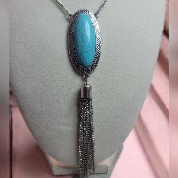 Silver and Turquoise Fashion Pendant Necklace - Picture 2 of 4